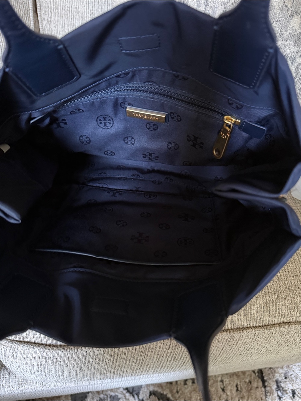 Tory Burch Navy Nylon Logo Tote with Leather Trim - Picture 7 of 7